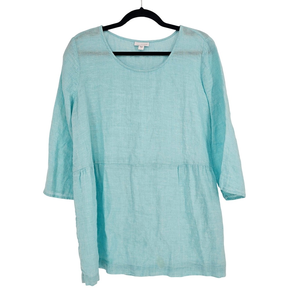 Pure Jill Linen Tunic Top L Sea Blue 3/4 Sleeve Pleated‎ Coastal Relaxed Boho